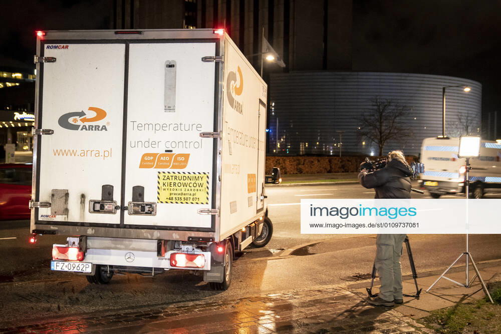Polish refrigerated truck leaves the Statens Serum Institut after delivering Moderna covid 19 vaccines to SSI in Copenhagen, Tuesday 12 January 2021 There will be 5000 doses that will be used in the Region of Southern Denmark, Copenhagen Denmark