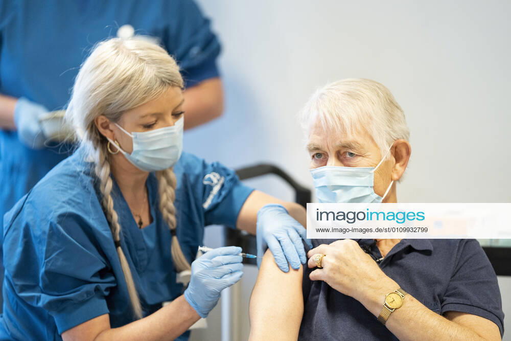 First citizen in Denmark will be vaccinated with covid 19 vaccine from Moderna in the vaccination center in Vejle Thursday 14 January 2021 75-year-old Andy Puggaard Thomsen from Goerding, pensioner and former salesman, will be vaccinated by Camilla Hagbart Villsen, Vejle Denmark