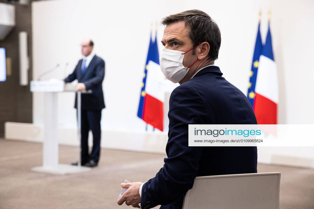- As French Prime Minister Jean Castex speaks during a press conference on the current French government strategy for the ongoing coronavirus (Covid-19) epidemic, French Health Minister Olivier Veran looks on the left side.