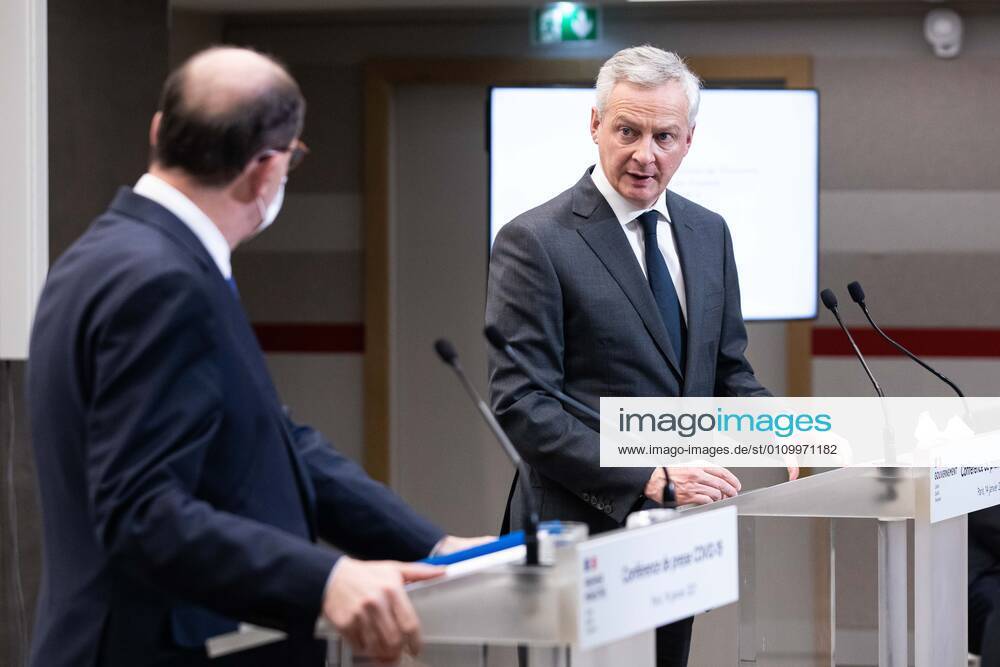 - French Economy and Finance Minister Bruno Le Maire (R) speaks next to French Prime Minister Jean Castex during a press conference in Paris on January 14, 2021, on the current French government strategy for the ongoing coronavirus (Covid-19) epidemic.