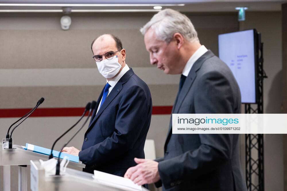 - French Economy and Finance Minister Bruno Le Maire (R) speaks next to French Prime Minister Jean Castex during a press conference in Paris on January 14, 2021, on the current French government strategy for the ongoing coronavirus (Covid-19) epidemic.
