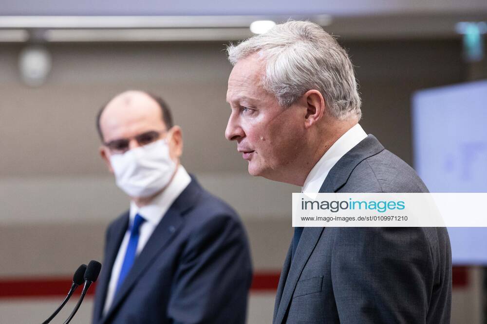 - French Economy and Finance Minister Bruno Le Maire (R) speaks next to French Prime Minister Jean Castex during a press conference in Paris on January 14, 2021, on the current French government strategy for the ongoing coronavirus (Covid-19) epidemic.
