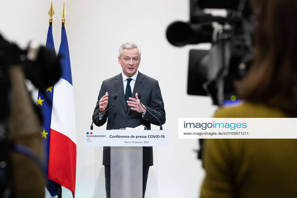 - French Economy and Finance Minister Bruno Le Maire speaks during a press conference in Paris on January 14, 2021, on the current French government strategy for the ongoing coronavirus (Covid-19) epidemic.