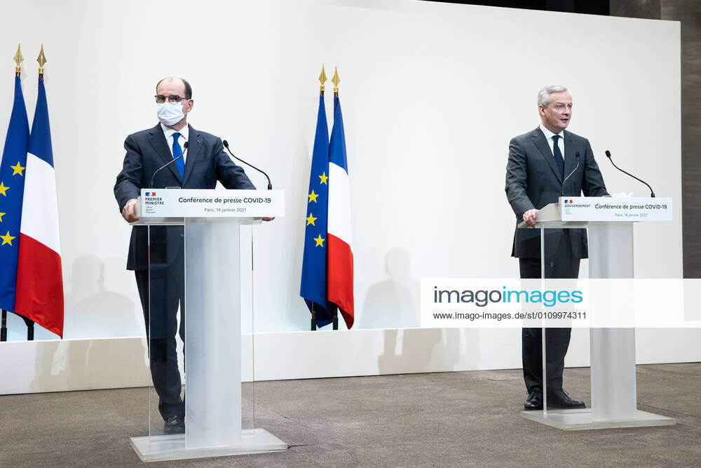 - French Economy and Finance Minister Bruno Le Maire (R) speaks next to French Prime Minister Jean Castex during a press conference in Paris on January 14, 2021, on the current French government strategy for the ongoing coronavirus (Covid-19) epidemic.
