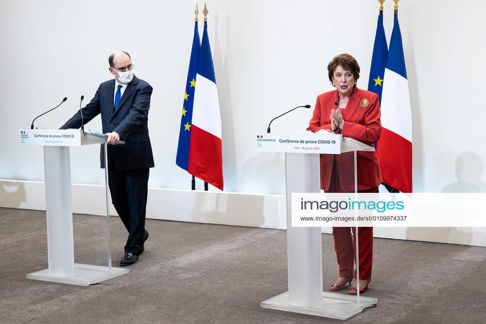 - French Minister for Culture Roselyne Bachelot speaks next to French Prime Minister Jean Castex during a press conference in Paris on January 14, 2021, on the current French government strategy for the ongoing coronavirus (Covid-19) epidemic.