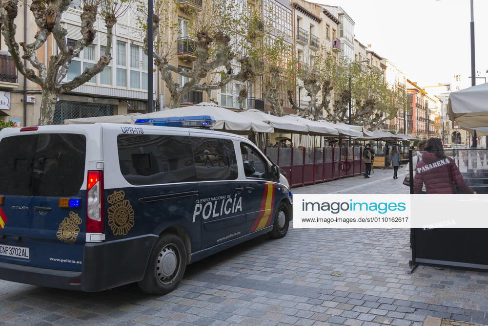 The National Police patrol next to a terrace at 5 p.m. on the day of the entry into force of new restrictions imposed by the government of La Rioja, in Logrono, La Rioja, Spain, on 16 January 2021. From this 16th of January, shops, hotels and gyms will have to adapt their schedules, this time at 5 pm. At this time of day, the closure of these establishments has been established as one of the new restrictions imposed by the Riojan Government in view of the advance of the pandemic and the increase in contagion in the region. 16 JANUARY 2021 SHOW Fotografia LagenciaEP 01 16 2021 Logrono Logrono Spain