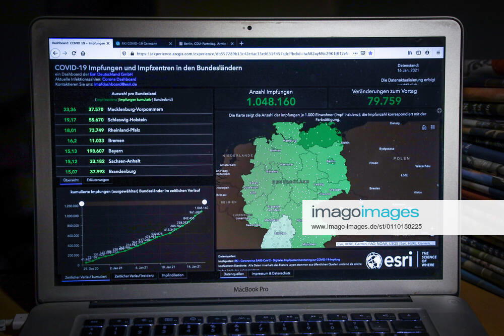 Coronavirus in Germany COVID 19 Vaccinations Dashboard 16 01 2021 Esri Deutschland GmbH based on the Digital Vaccination Rate Monitoring for COVID 19 Vaccination of the RKI Number of vaccinations 1 048 160 Data as of 16 01 2021