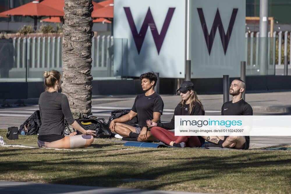 A group of people wearing sportswear are seen practicing yoga in the garden area of the Plaza de la Rosa de los Vientos..With public sports centers and gyms closed due to the increase in Covid-19 infections, many individual and social sports activity is taking place in public space such as open areas near the beaches. Barcelona Spain - ZUMAs197 20210117_zaa_s197_066