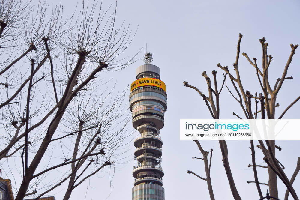 A Stay Home, Protect The NHS, Save Lives message displayed on the BT Tower (British Telecom) Central London..England remains under lockdown as the government battles to keep the coronavirus pandemic under control. London United Kingdom - ZUMAs197 20210117_zaa_s197_141