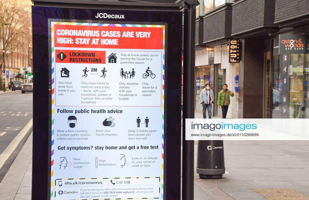 A coronavirus lockdown information poster on a bus stop in Central London..England remains under lockdown as the government battles to keep the coronavirus pandemic under control. London United Kingdom - ZUMAs197 20210117_zaa_s197_142