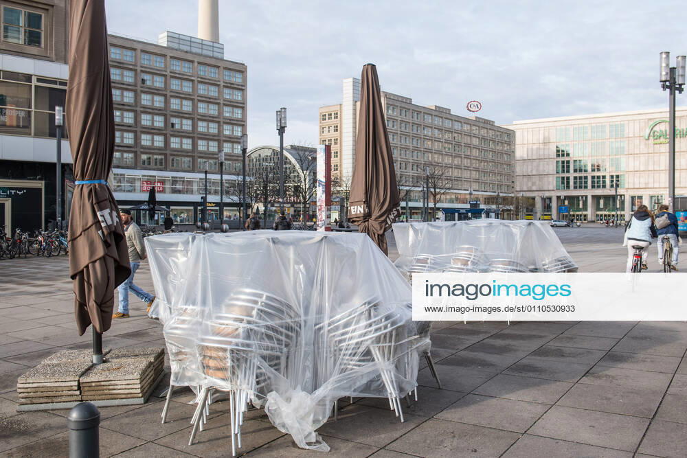 Health Corona Virus Impact Impact of Corona Crisis In the picture A closed street cafe on Berlins Alexanderplatz 20 1 2021, Berlin