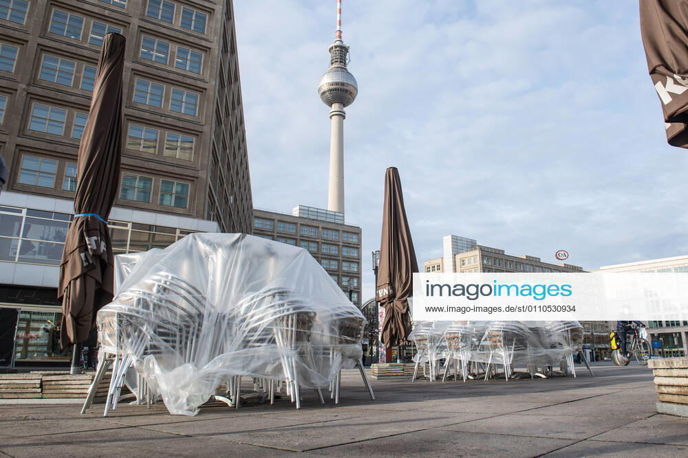 Health Corona Virus Impact Impact of Corona Crisis In the picture A closed street cafe on Berlins Alexanderplatz 20 1 2021, Berlin