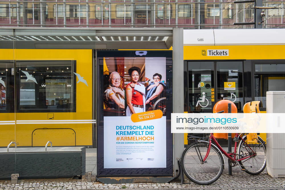 Health Corona Virus Vaccination Campaign Advertisement of the Federal Ministry of Health, the Robert Koch Institute and the Federal Centre for Health Education for the Corona vaccination on a digital billboard at Alexanderplatz 20 1 2021, Berlin, Germany
