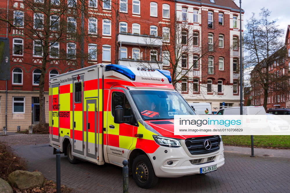 An emergency ambulance of the German Red Cross on duty in the city centre of Kiel