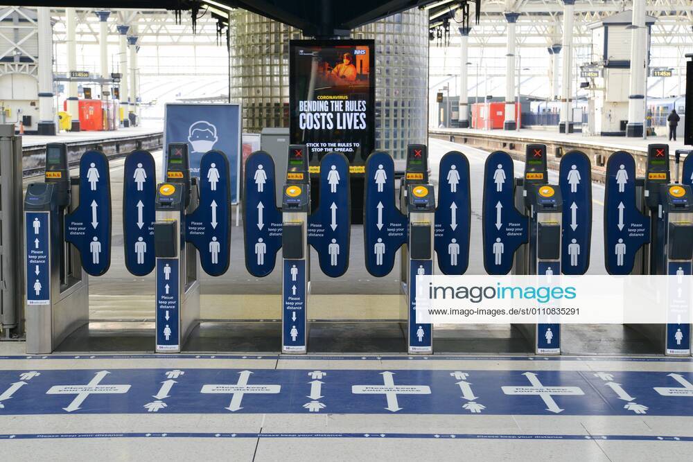 Ticket barriers with social distancing signs seen at an almost empty London Waterloo railway station in London..Prime Minister Boris Johnson announced that there was evidence that the new variant of the coronavirus is more deadly. London United Kingdom - ZUMAs197 20210123_zaa_s197_135