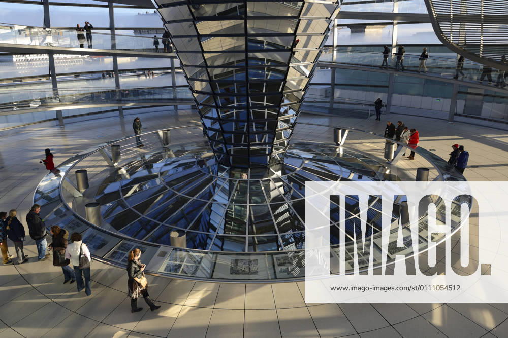 Interior with mirrored central column of the Reichstag dome, Reichstag Berlin, architect Sir Norman Foster, Berlin, Germany, Europe mcpins mcpins