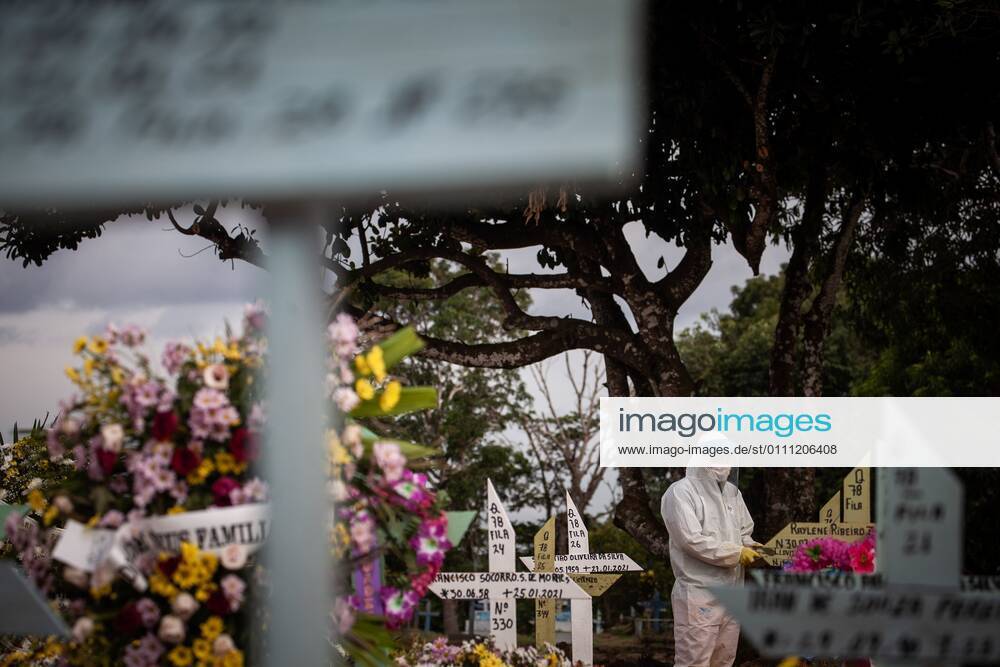 A worker places crosses on the tombs of people who died from covid-19, in the Nossa Senhora Aparecida public cemetery in Manaus, Amazonas, Brazil, 27 January 2021. Manaus is the greatest reflection of the chaotic management of the pandemic in Brazil, where the virus already leaves 7,560 deaths and 257,600 infections. In the Amazonian capital, hospitals are increasingly collapsed. Only Manaus has beds available in the Intensive Care Unit (ICU), so more than 270 patients have already been transferred to other states of the country. EFE RAPHAEL ALVES The second wave of the pandemic hits hard in Manaus !ACHTUNG: NUR REDAKTIONELLE NUTZUNG!