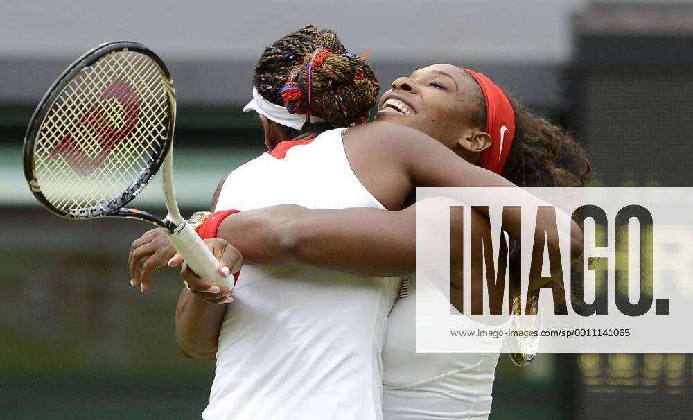 Venus (L) and Serena Williams of the United States (USA) celebrate the Women s Doubles Gold Medal tennis match at the London 2012 Summer Olympics on August 5, 2012 in Wimbledon, London. OLY20120805443