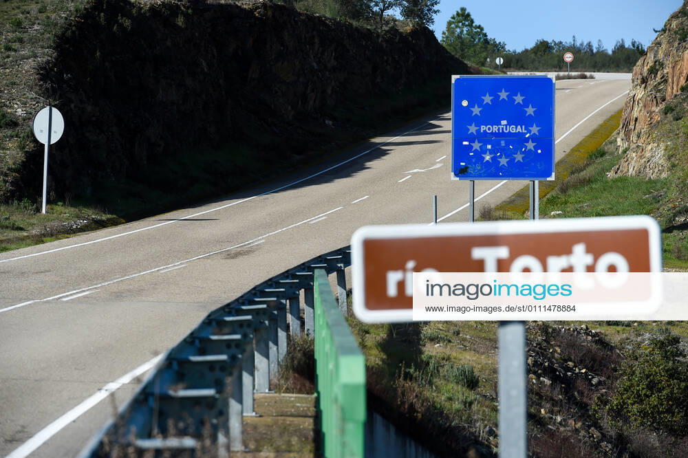 Valverde del Fresno, Spain. Portugal closes land borders. Traffic signs photographed at the border between Spain and Portugal over the river Torto, in the North-West of Extremadura, this afternoon. From Sunday, Portugal will close its land border with Spain, for a period of at least two weeks in an attempt to contain the coronavirus. In this way, the Portuguese country, will reintroduce police controls along the1,214km border with Spain. However it is understood that essential movements will be still allowed, such for workers, medical reasons and goods s transportation.
