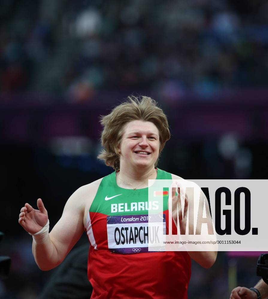 (120806) -- LONDON, Aug. 6, 2012 (Xinhua) -- Nadzeya Ostapchuk of Belarus reacts during women s shot put final contest, at London 2012 Olympic Games in London, Britain, on August 6, 2012. Nadzeya Ostapchuk of Belarus won gold medal. (Xinhua Liao Yujie) (nxl) (OLY2012)BRITAIN-LONDON-ATHLETICS-WOMEN S SHOT PUT