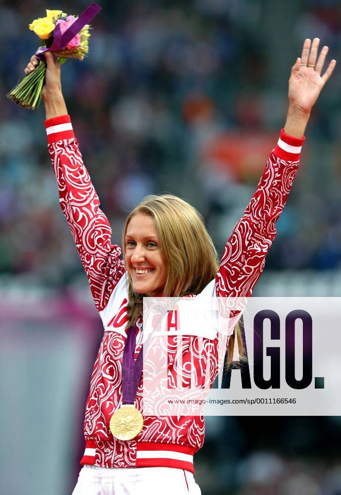 United Kingdom. London. 07 aug. 2012. Summer Olympic Games. Olympic Stadium. Athletics. Woman s 3000m Steeplechase. Award ceremony. ZARIPOVA Yuliya (RUS) - Olympic Champion.
