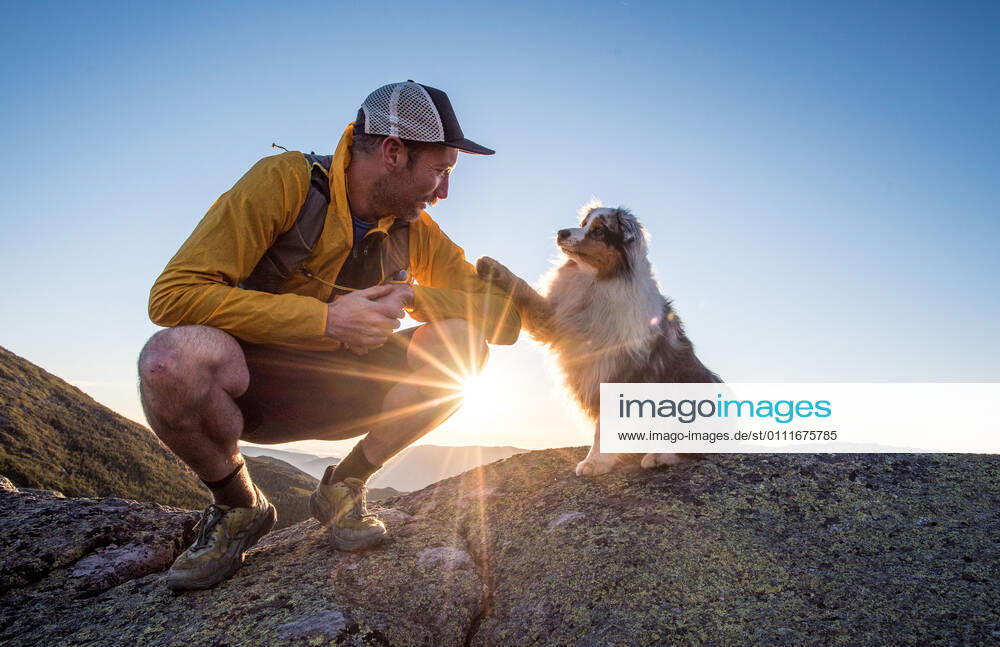Dog paws his owner?s arm during sunrise in the mountains Pinkham s Grant, NH, United States CR_BRDO210119B-595669-01 ,model released, Symbolfoto