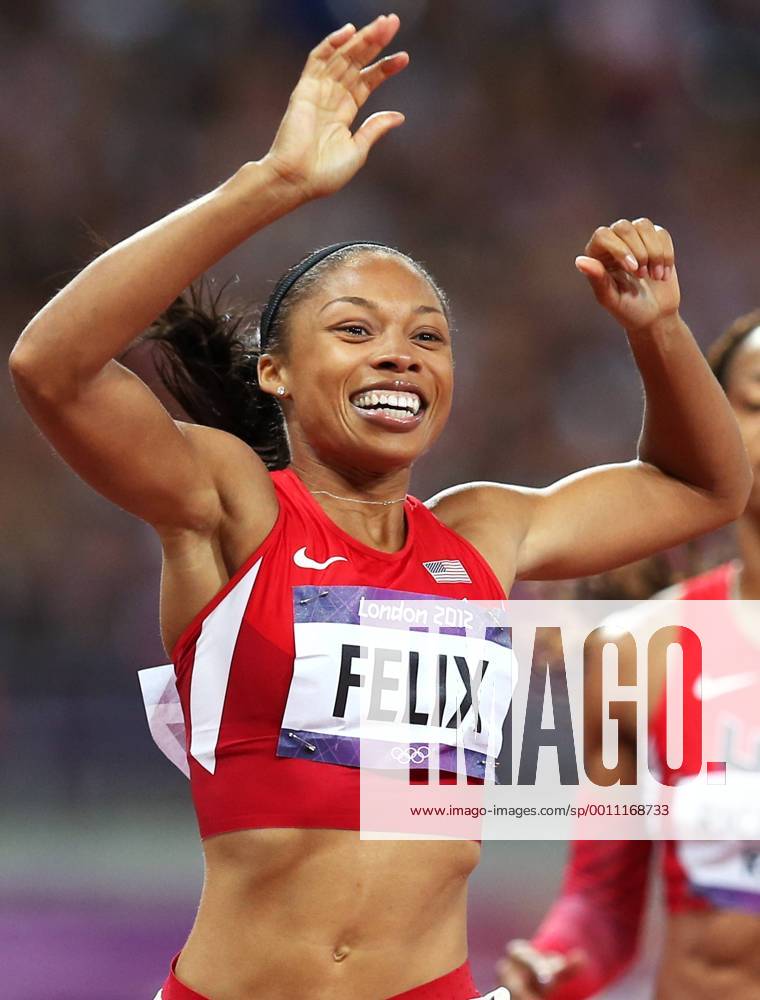 OLYMPIA - Olympische Spiele 2012 LONDON,ENGLAND,08.AUG.12 - DIVERS, OLYMPIA, LEICHTATHLETIK, LAUFSPORT - Olympische Sommerspiele in London 2012, 200m, Damen. Bild zeigt den Jubel von Allyson Felix (USA).