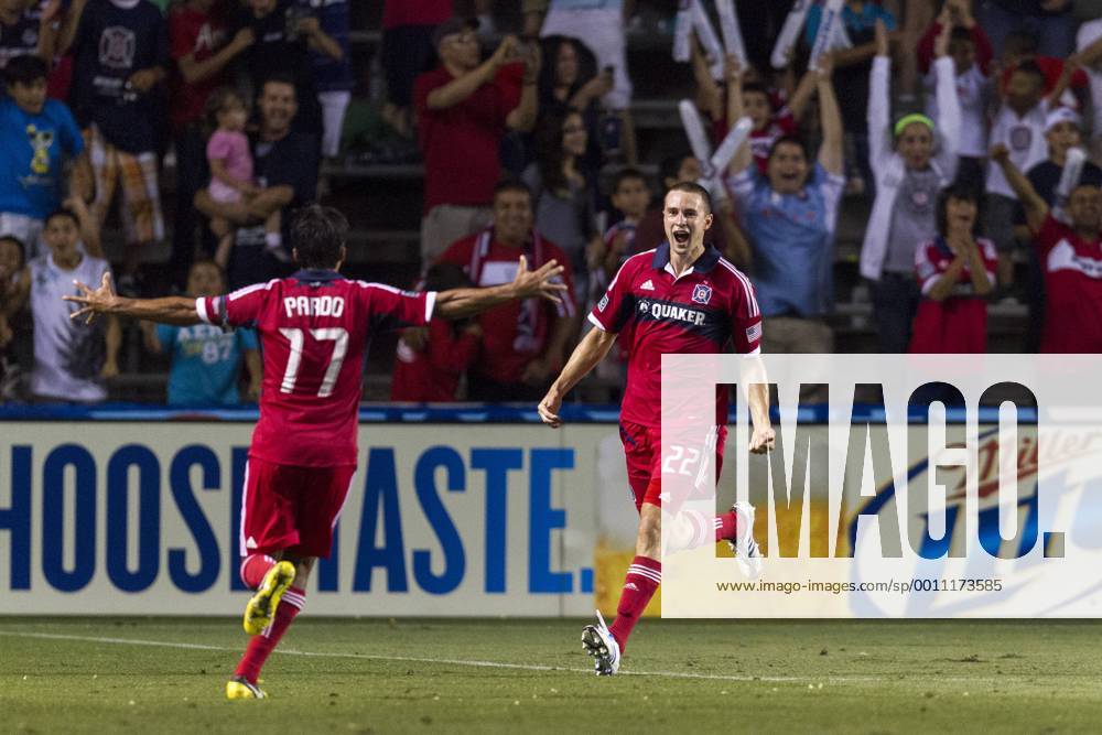 Aug. 5, 2012 - Bridgeview, Illinois, U.S - Chicago Fire defender AUSTIN BERRY (22) celebrates his second-half goal against Toronto FC with teammate PAVEL PARDO at Toyota Park. MLS Fussball Herren USA 2012: Fire Defeats Toronto FC 2-1 - ZUMAt10