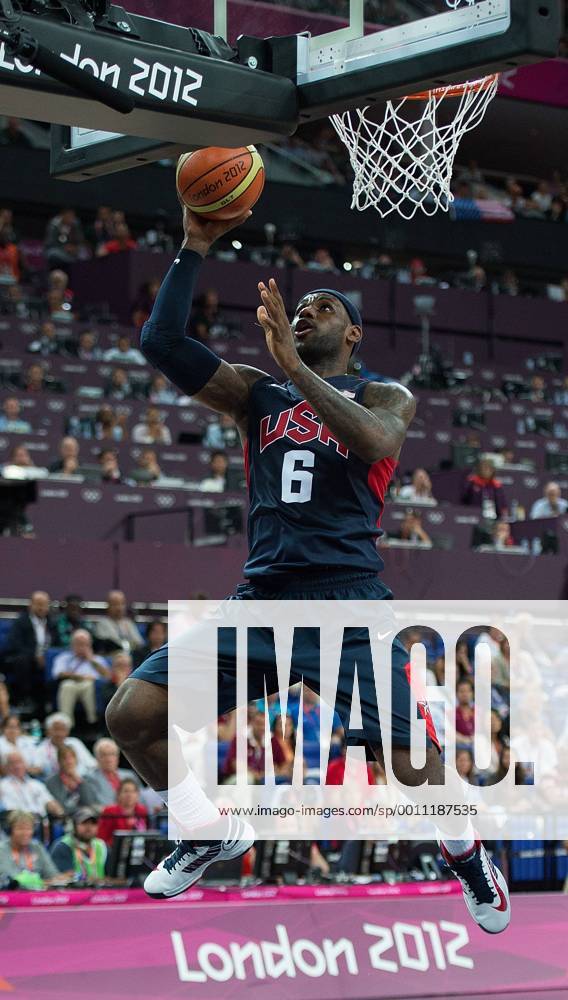 Aug. 10, 2012 - London, GBR - USA s Lebron James (6) scores against Argentina during their semifinals game at the Basketball Arena at the North Greenwich Arena during the 2012 Summer Olympic Games in London, England, 2012. USA defeated Argentina 109-83 to advance to the Gold Medal game. 2012 Summer Olympics Basketball - ZUMAm67