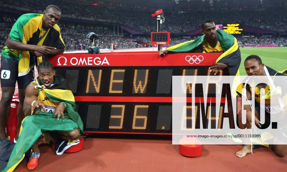 (120811) -- LONDON, Aug. 11, 2012 (Xinhua) -- Usain Bolt, Yohan Blake, Nesta Carter, and Michael Frater (from L to R) of Jamaica celebrate after men s 4x100m relay final at London 2012 Olympic Games, London, Britain, Aug. 11, 2012. The Jamaican team won with a new world record of 36.84. (Xinhua Liao Yujie)(zgp) (OLY2012)BRITAIN-LONDON-MEN S 4X100M RELAY-GOLD