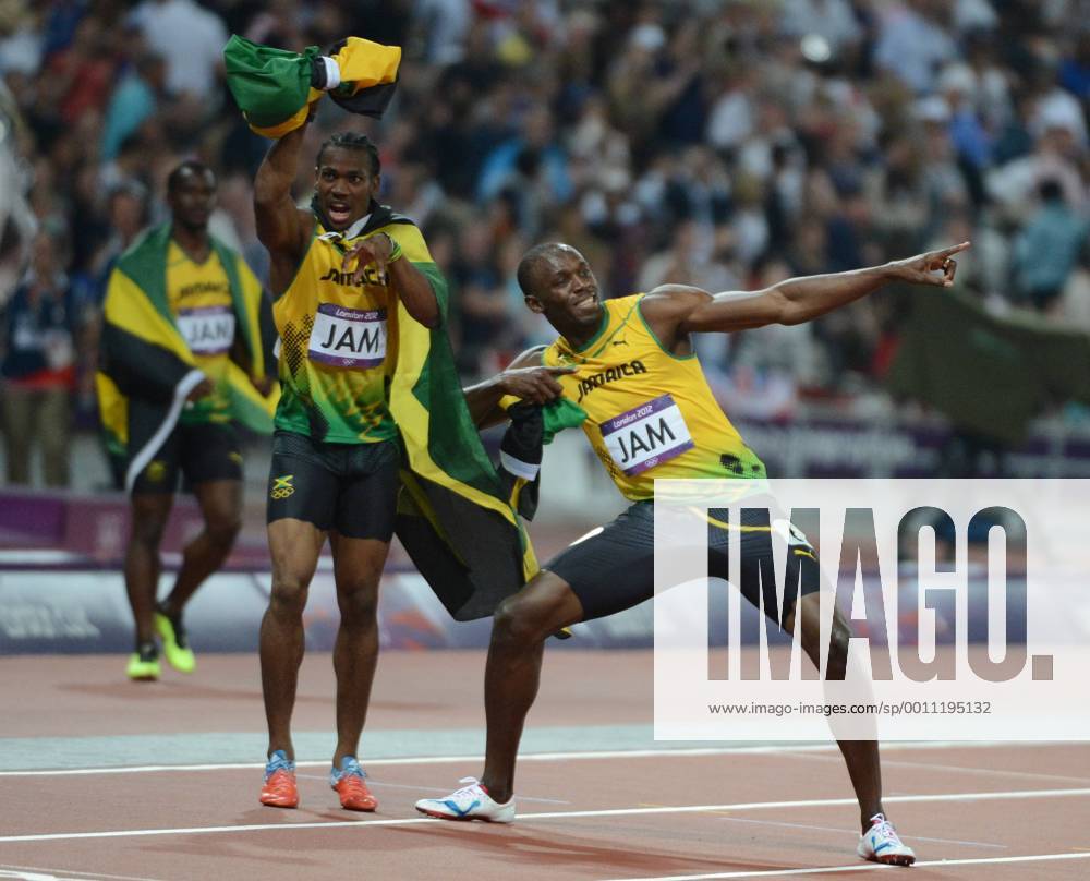 Usain Bolt of Jamaica (R) and the team celebrates winning gold in the Men s 4 x 100M relay at the London 2012 Summer Olympics on August 11, 2012 in London. The Jamaican team won with a world record of 36.84 seconds. OLY20120811207