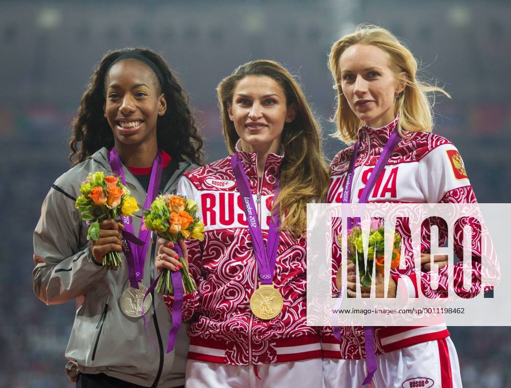 Olympia Stadion, London, GBR, Olympia 2012, Hochsprung, Damen, Podium, im Bild Brigetta Barrett (USA, Silber Medaille), Svetlana Shkolina (RUS, Gold Medaille), Anna Chicherova (RUS, Bronze Medaille)