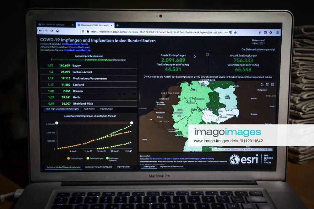 Coronavirus in Germany COVID 19 Vaccinations Dashboard 04 02 2021 Esri Deutschland GmbH based on the Digital Vaccination Rate Monitoring for COVID 19 Vaccination of the RKI Number of first vaccinations 2 091 689 Changes from the previous day 44 531 Number of second vaccinations 756 333 Changes from the previous day 65 548 Data as of 04 02 2021