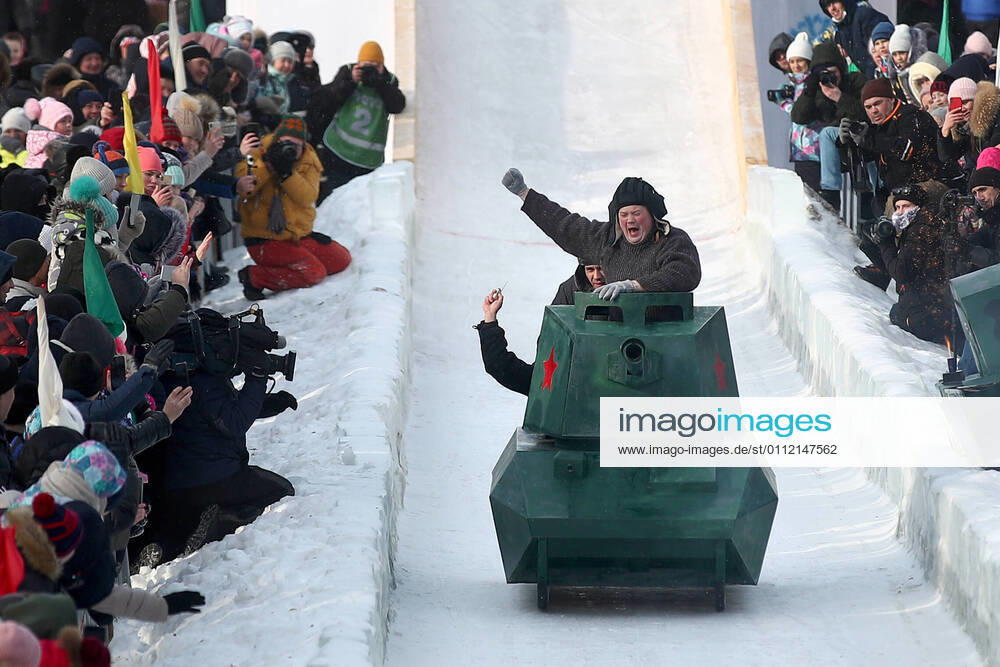 Participants enjoy riding a sledge of their own design during the SunnyFEST sledge art festival in the town of Mamadysh, 167km east of Kazan. Yegor Aleyev TASS TS0F6120