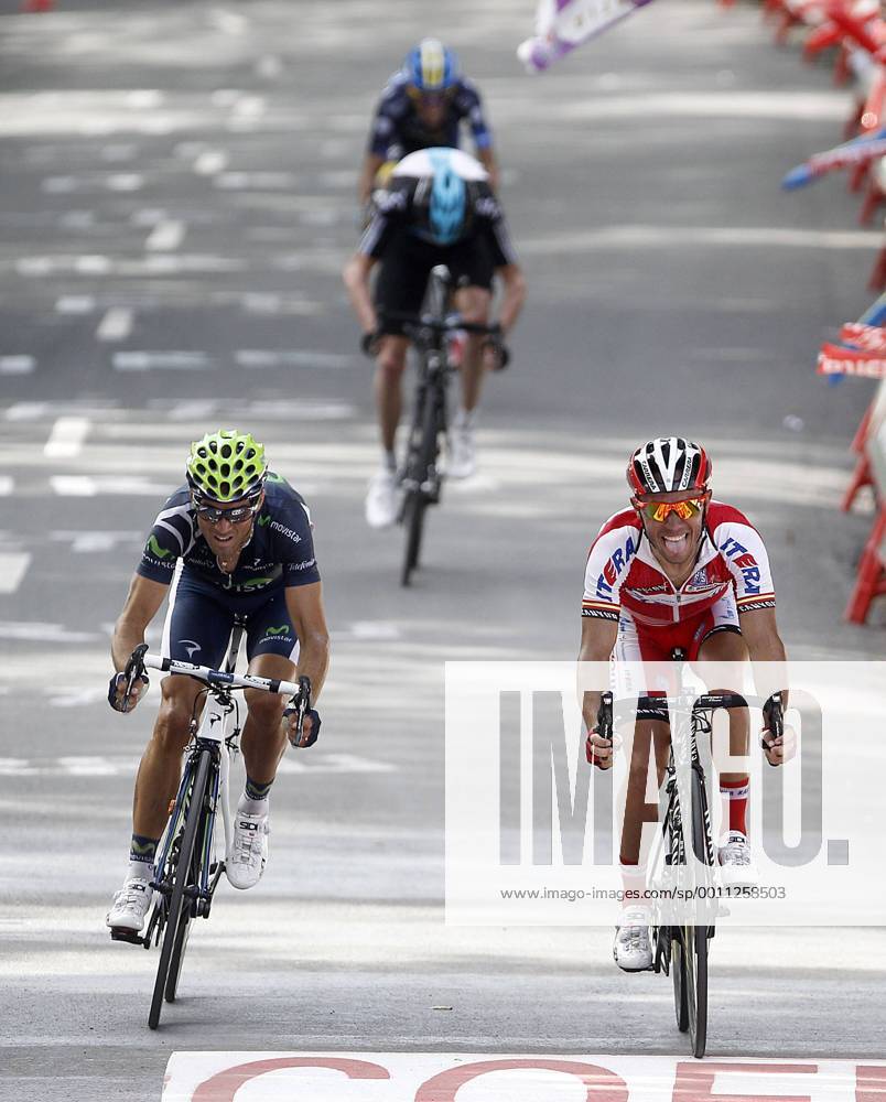 Alejandro Valverde (1st) (L), Joaquin Purito Rodriguez (2nd) at the finish line of the stage of La Vuelta 2012 between Faustino V and Eibar (Arrate).August 20,2012. (201208203025)