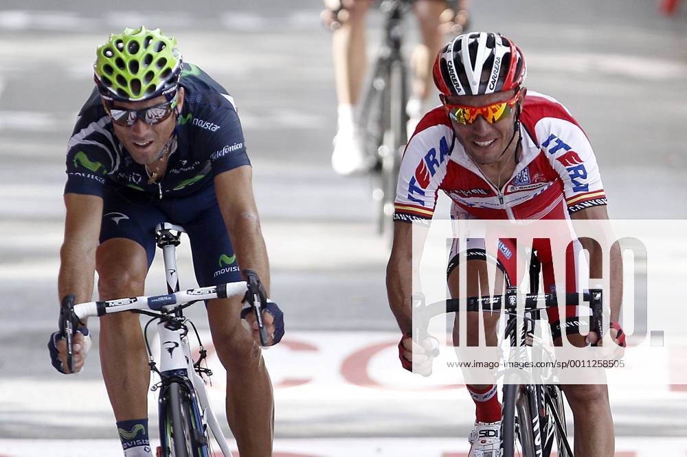Alejandro Valverde (1st) (L), Joaquin Purito Rodriguez (2nd) at the finish line of the stage of La Vuelta 2012 between Faustino V and Eibar (Arrate).August 20,2012. (201208203030)