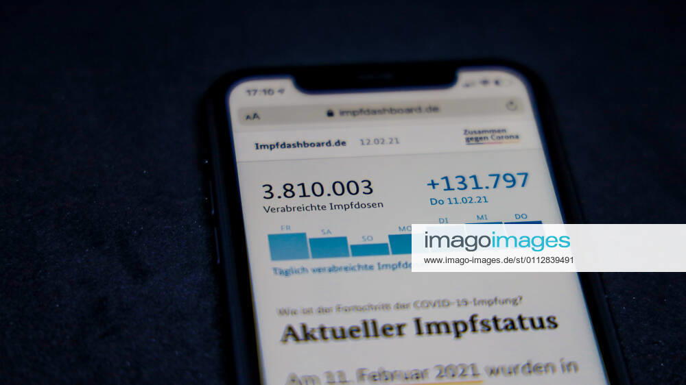 Vaccination dashboard of the Federal Ministry of Health Current vaccination status DEU, Germany, Berlin, 12 02 2021 Impfdashboard de As of 12 February 2021, 11 45 am, displayed on an iPhone Progress of COVIDâ â 19â â vaccination.