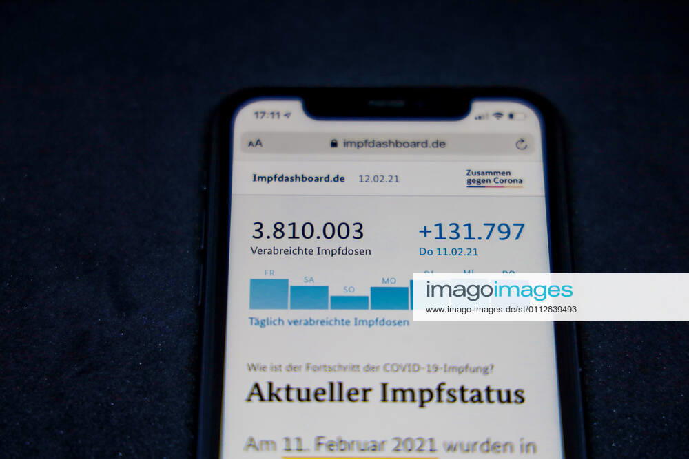 Vaccination dashboard of the Federal Ministry of Health Current vaccination status DEU, Germany, Berlin, 12 02 2021 Impfdashboard de As of 12 February 2021, 11 45 am, displayed on an iPhone Progress of COVIDâ â 19â â vaccination.