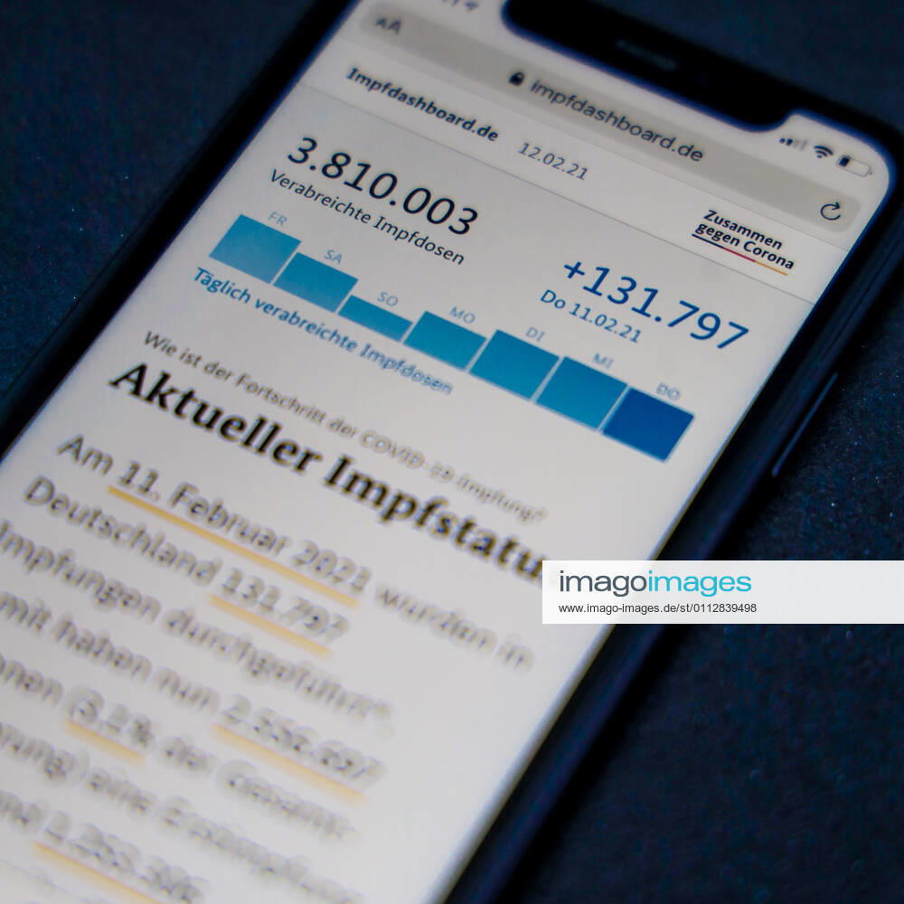 Vaccination dashboard of the Federal Ministry of Health Current vaccination status DEU, Germany, Berlin, 12 02 2021 Impfdashboard de As of 12 February 2021, 11 45 am, displayed on an iPhone Progress of COVIDâ â 19â â vaccination.