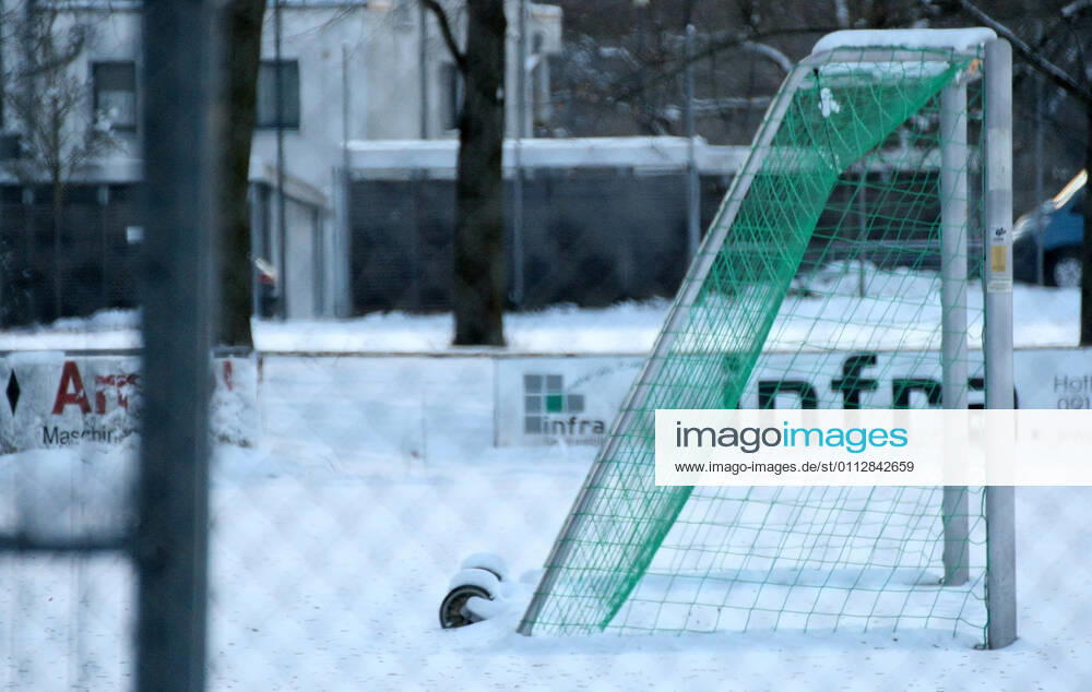 Snow , Soccer field during the Hard Lockdown of the Covid 19 Coronavirus Pandemie in Furth , Bayern , Deutschland . February 12, 2021.