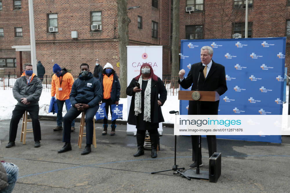 BROOKLYN, NY - FEBRUARY 12: New York City Mayor Bill De Blasio, hold a press conference to announce new covid-19 vaccine plan for homebound NYCHA seniors using the Johnson & Johnson vaccine. Press conference held at the Nostrand Houses in Brooklyn, New York City on February 12, 2021.