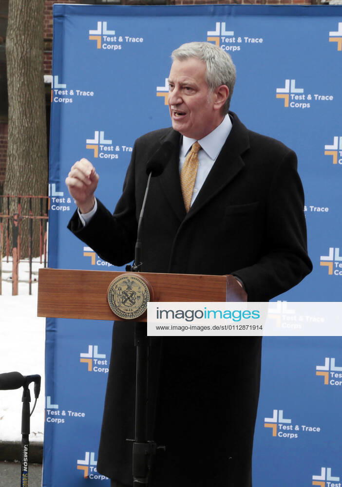 BROOKLYN, NY - FEBRUARY 12: New York City Mayor Bill De Blasio, hold a press conference to announce new covid-19 vaccine plan for homebound NYCHA seniors using the Johnson & Johnson vaccine. Press conference held at the Nostrand Houses in Brooklyn, New York City on February 12, 2021.