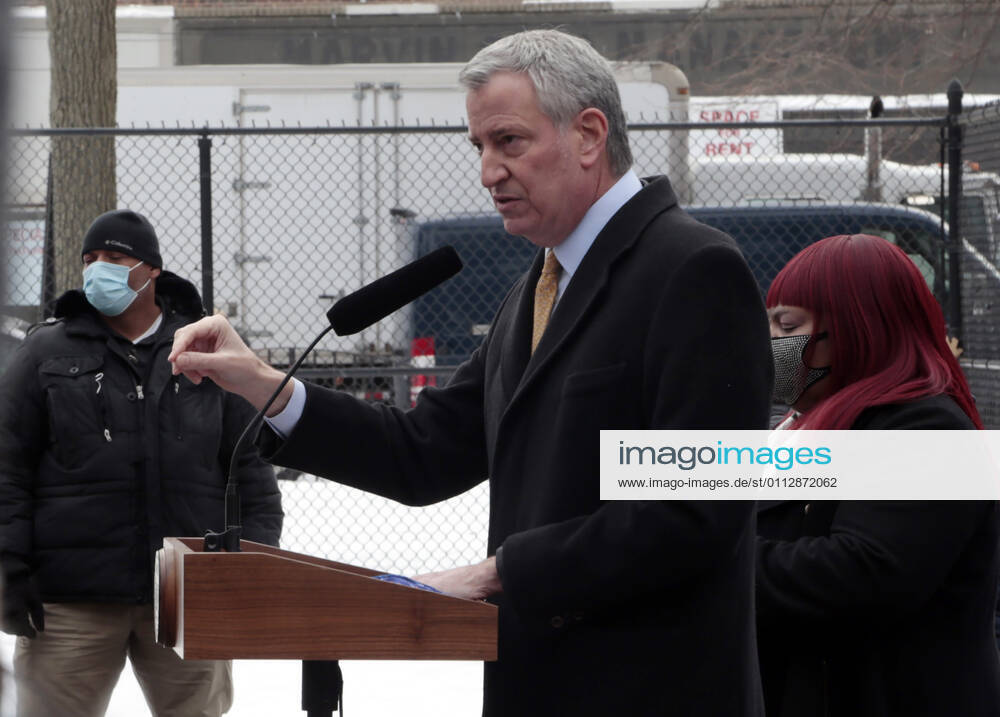 BROOKLYN, NY - FEBRUARY 12: New York City Mayor Bill De Blasio, hold a press conference to announce new covid-19 vaccine plan for homebound NYCHA seniors using the Johnson & Johnson vaccine. Press conference held at the Nostrand Houses in Brooklyn, New York City on February 12, 2021.