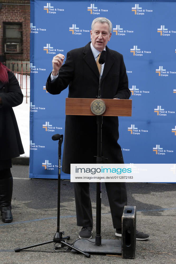 BROOKLYN, NY - FEBRUARY 12: New York City Mayor Bill De Blasio, hold a press conference to announce new covid-19 vaccine plan for homebound NYCHA seniors using the Johnson & Johnson vaccine. Press conference held at the Nostrand Houses in Brooklyn, New York City on February 12, 2021.