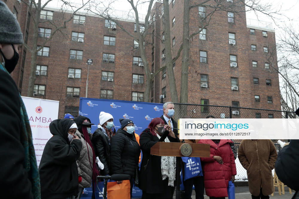 BROOKLYN, NY - FEBRUARY 12: New York City Mayor Bill De Blasio, hold a press conference to announce new covid-19 vaccine plan for homebound NYCHA seniors using the Johnson & Johnson vaccine. Press conference held at the Nostrand Houses in Brooklyn, New York City on February 12, 2021.