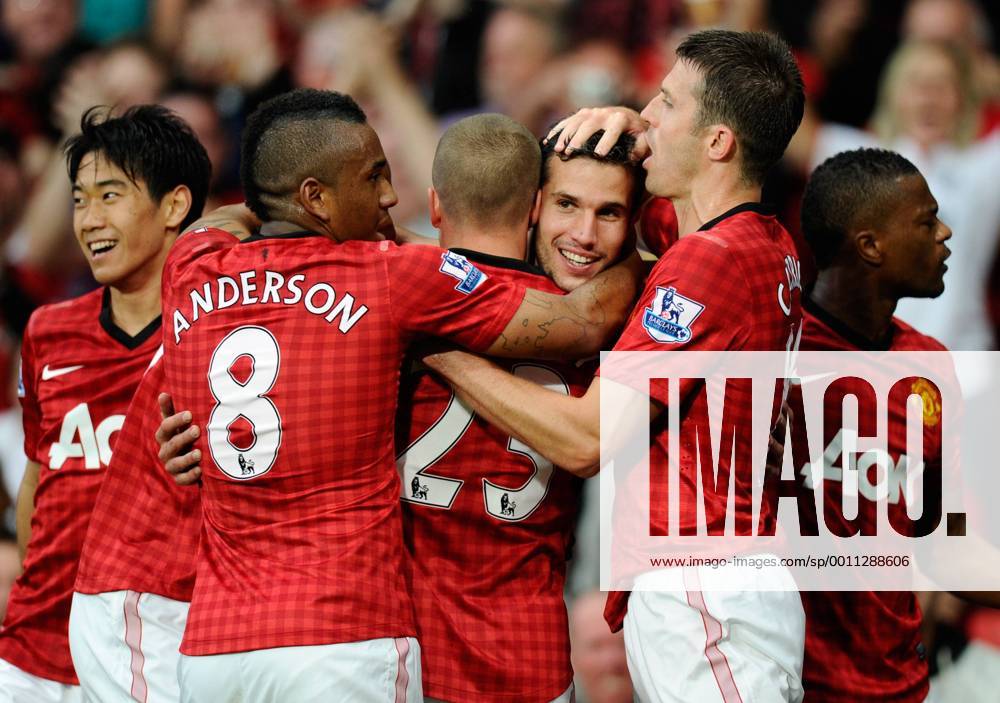 Robin van Persie of Manchester United celebrates scoring his first goal Barclays Premier League; Manchester United (ManU) - Fulham FC at Old Trafford, Manchester on the 25th August 2012. .