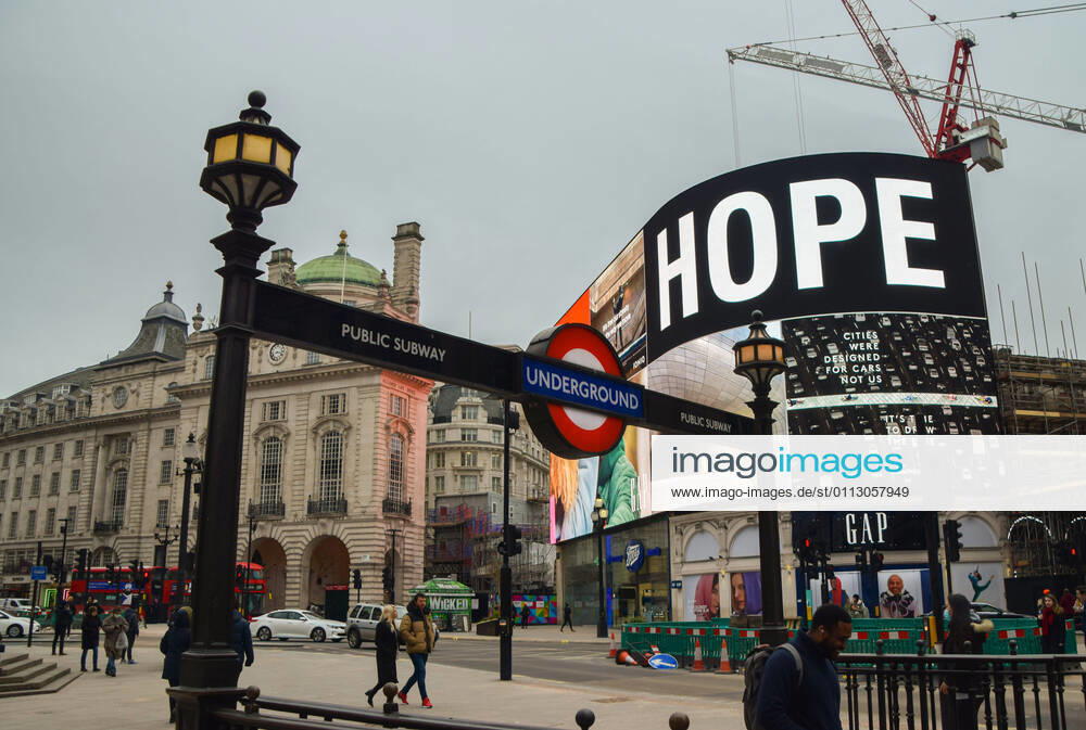 A Hope message displayed in Piccadilly Circus, London..As most businesses remain closed in the capital, the government plans to begin easing the lockdown restrictions in the coming weeks. London United Kingdom - ZUMAs197 20210214_zaa_s197_308