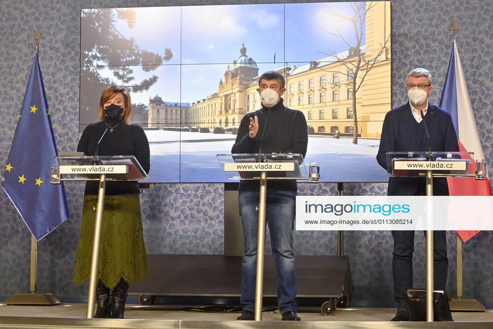 L-R Czech Finance Minister Alena Schillerova, Prime Minister Andrej Babis and Deputy Prime Minister and Minister of Industry and Trade and Transport Karel Havlicek speak during a press conference after government talks with governors on COVID-19 measures and prolongation of state of emergency, on February 14, 2021, in Prague, Czech Republic. (CTKxPhoto VitxSimanek) CTKPhotoP202102140689501 VIS 004