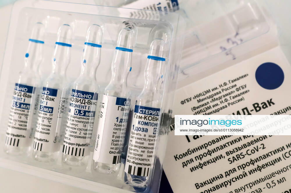 ST PETERSBURG, RUSSIA — FEBRUARY 15, 2021: The photo shows vials containing the Gam-COVID-Vac vaccine (under the brand name of Sputnik V) during a visit by a COVID-19 vaccination team to No 7 Neuropsychiatric Boarding School. Alexander Demianchuk TASS TS0F6D0D
