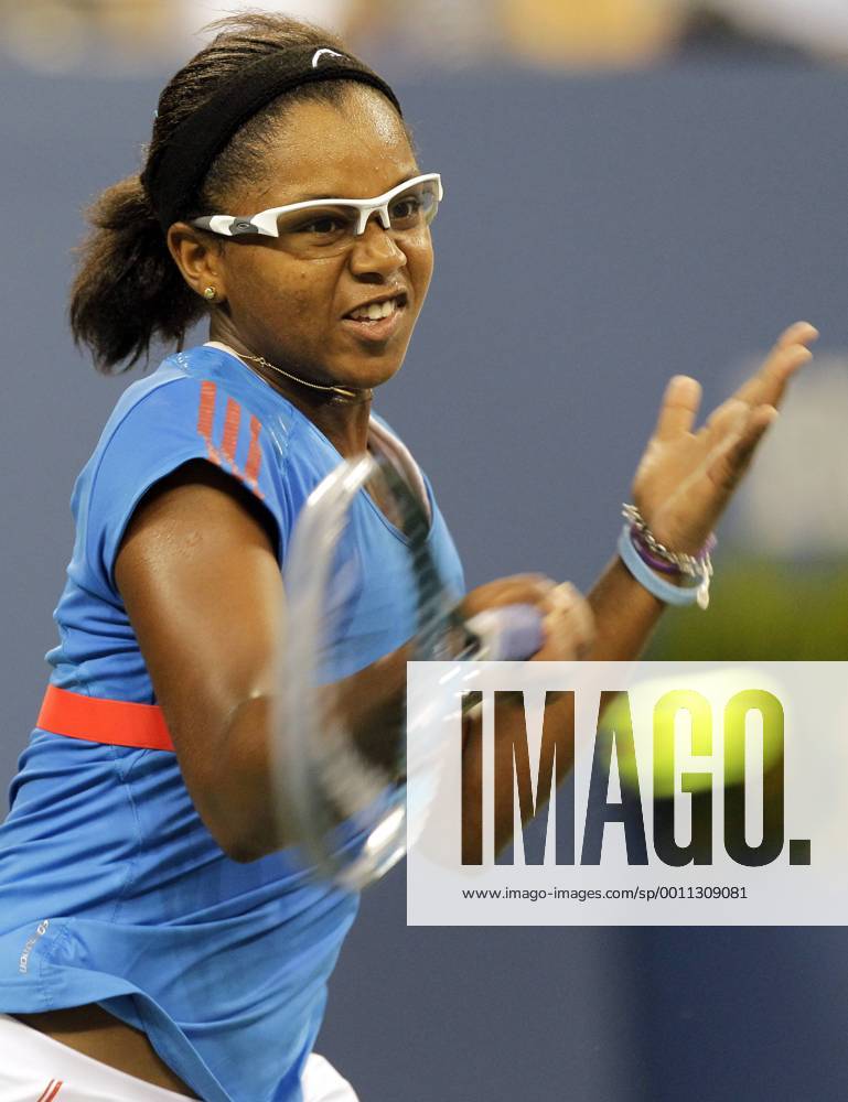 Victoria Duval hits a forehand in first round match at the 2012 U.S. Open Tennis Championships in Arthur Ashe Stadium at the Billie Jean King National Tennis Center in New York City on August 27, 2012. NYP20120827120